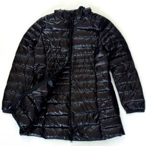 Black Quilted Puffer Coat Shimmery Hooded Mid Length Lightweight Coat S/M